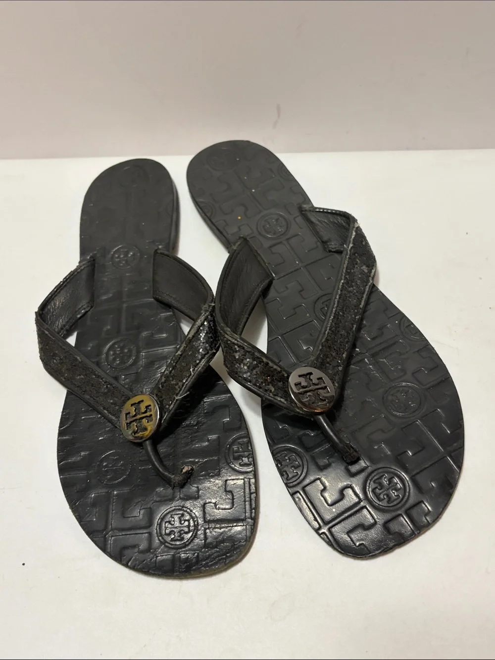 Tory Burch Black Glitter Women’s Sz 8 Logo Thong Sandals